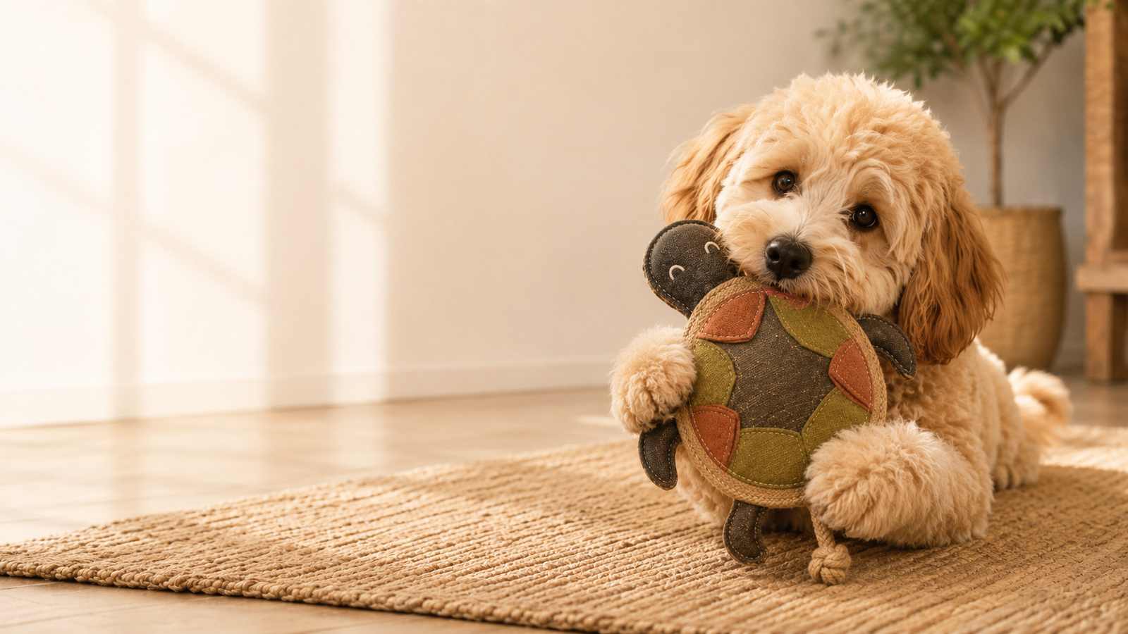 A dog lying on a jute rug, holding the Frolick Interactive Turtle toy